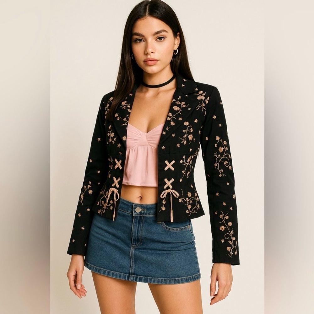 Nanette Lepore Black Blazer with Blush Colored Embroidery & Lace Up Detailing 4